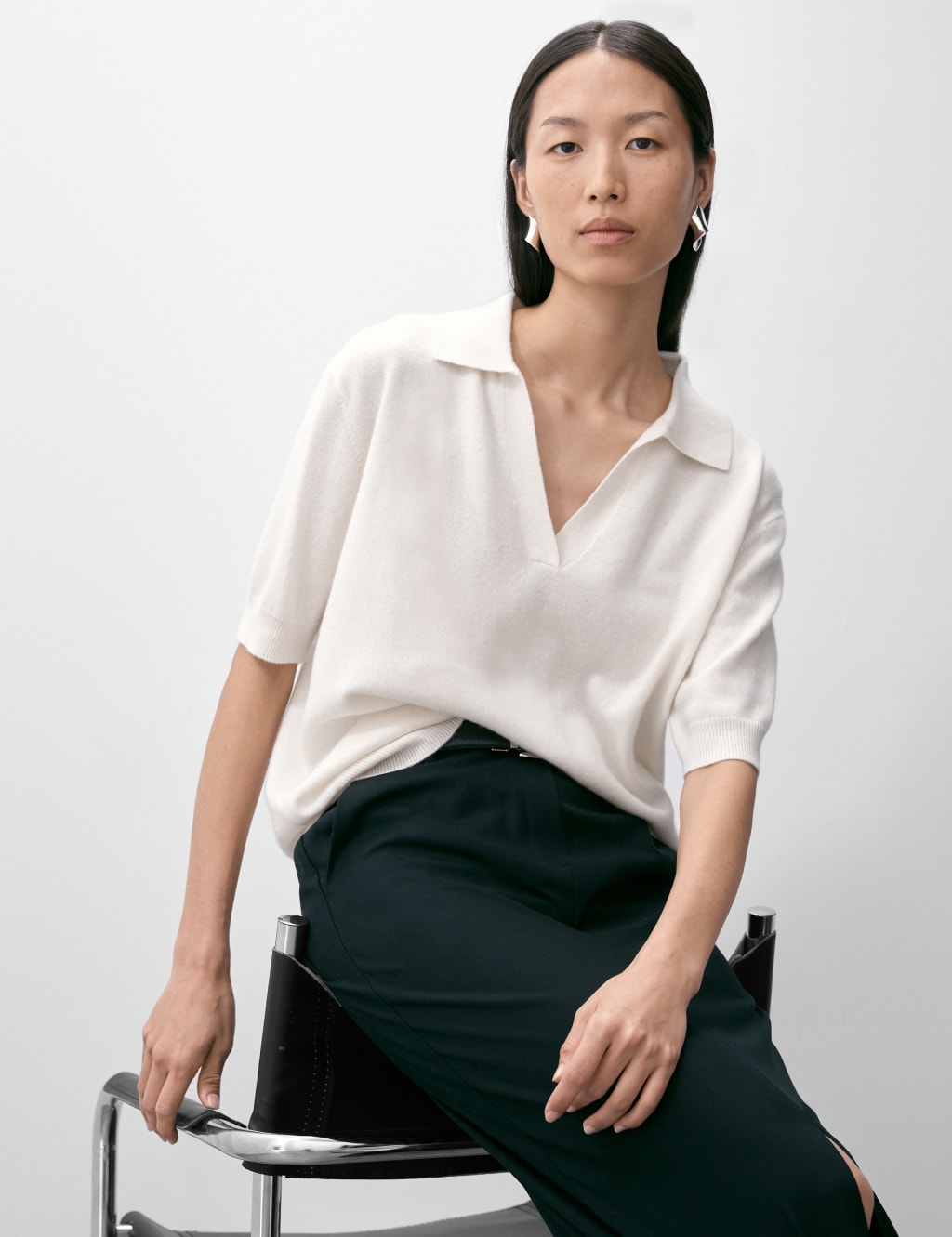 Pure Cashmere Collared Knitted Top