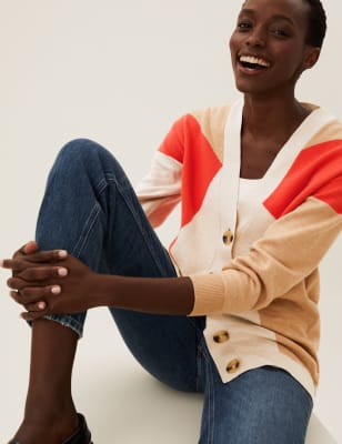 

Womens M&S Collection Weiche Strickjacke mit V-Ausschnitt und Blockfarben - Orange Mix, Orange Mix