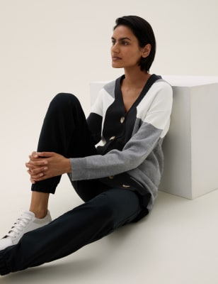 

Womens M&S Collection Weiche Strickjacke mit V-Ausschnitt und Blockfarben - Black Mix, Black Mix