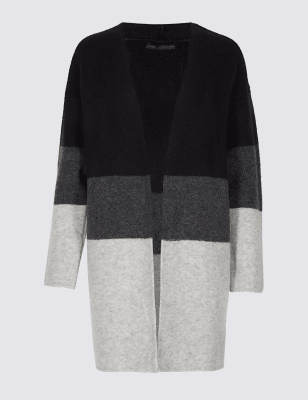 Collarless hooded color store block longline cardigan