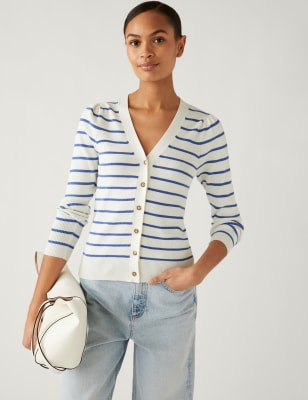 

Womens M&S Collection Striped V-Neck Button Front Cardigan - Ivory Mix, Ivory Mix
