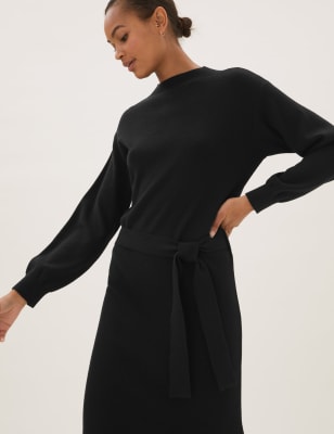 

Womens M&S Collection Soft Touch Knitted Belted Midi Jumper Dress - Black, Black