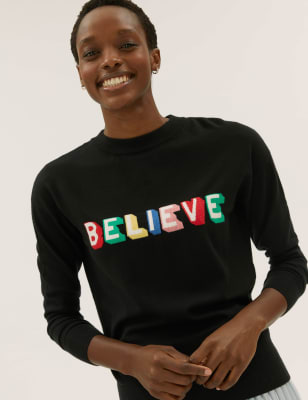 

Womens M&S Collection Soft Touch Believe Slogan Crew Neck Jumper - Black, Black