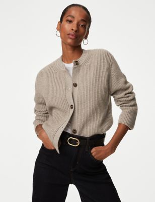 Merino Wool Ribbed Cardigan with Cashmere