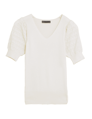 

Womens M&S Collection Strickoberteil mit V-Ausschnitt, Puffärmeln und Strukturmuster - Light Cream, Light Cream