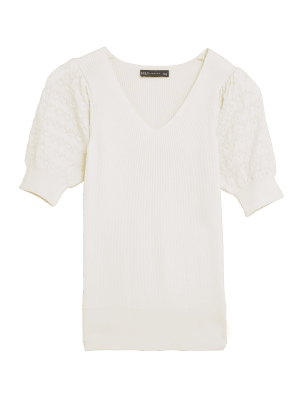 

Womens M&S Collection Textured V-Neck Puff Sleeve Knitted Top - Light Cream, Light Cream