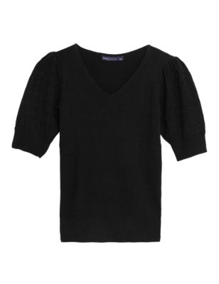 

Womens M&S Collection Textured V-Neck Puff Sleeve Knitted Top - Black, Black