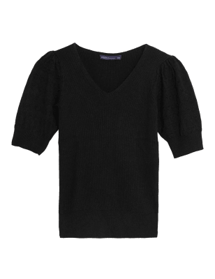 

Womens M&S Collection Strickoberteil mit V-Ausschnitt, Puffärmeln und Strukturmuster - Black, Black