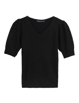 

Womens M&S Collection Textured V-Neck Puff Sleeve Knitted Top - Black, Black