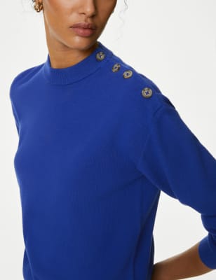 

Womens M&S Collection Soft Touch Crew Neck Button Detail Jumper - Electric Blue, Electric Blue