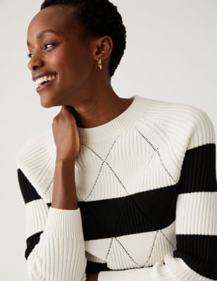 

Womens M&S Collection Soft Touch Striped Ribbed Crew Neck Jumper - Black Mix, Black Mix