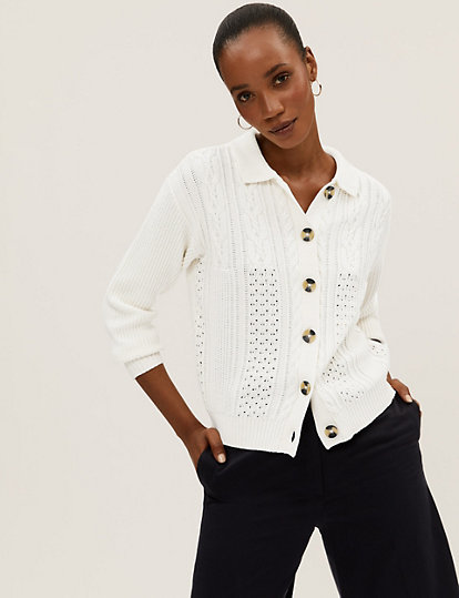 Soft Touch Cable Knit Collared Cardigan