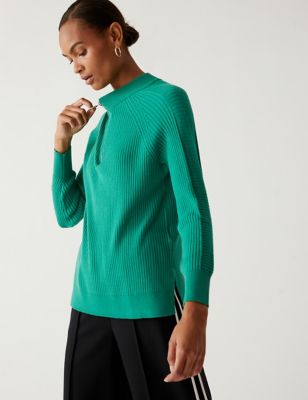 Marks And Spencer Womens M&S Collection Soft Touch Ribbed Funnel Neck Jumper - Green, Green