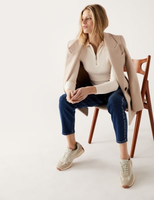 

Womens M&S Collection Gerippter Pullover mit Kragen und halbem Reißverschluss - Light Cream, Light Cream