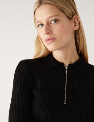 

Womens M&S Collection Ribbed Collared Half Zip Jumper - Black, Black