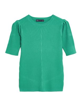 Womens M&S Collection Textured Crew Neck Short Sleeve Knitted Top - Spearmint