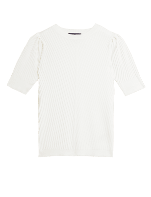 

M&S Collection Top de punto de manga corta con escote cerrado texturizadoWomens - Light Cream, Light Cream