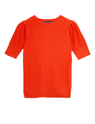

Womens M&S Collection Textured Crew Neck Short Sleeve Knitted Top - Orange, Orange