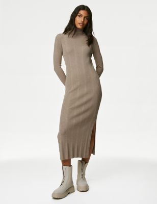 Knitted Ribbed Roll Neck Midi Dress