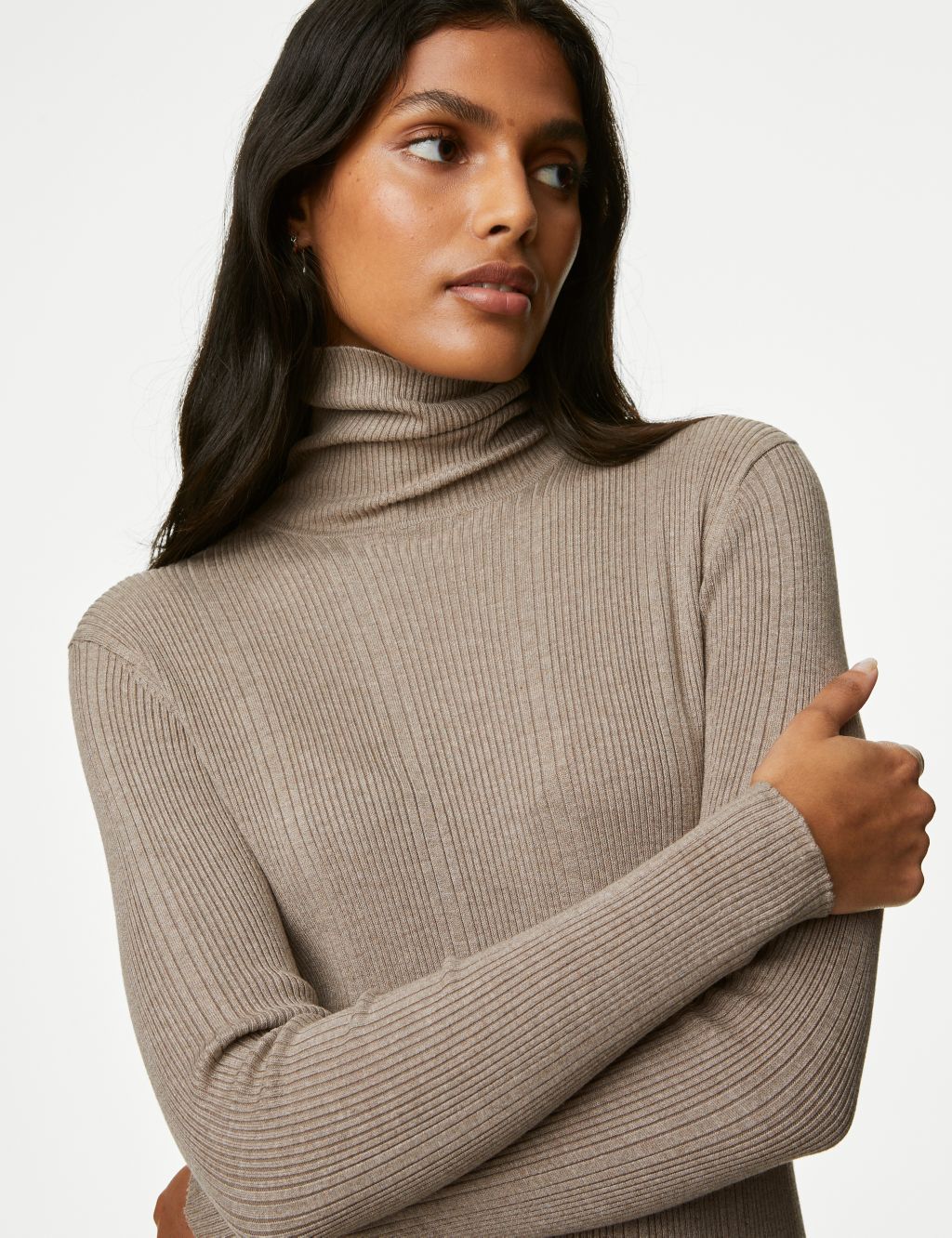 Knitted Ribbed Roll Neck Midi Dress image 3