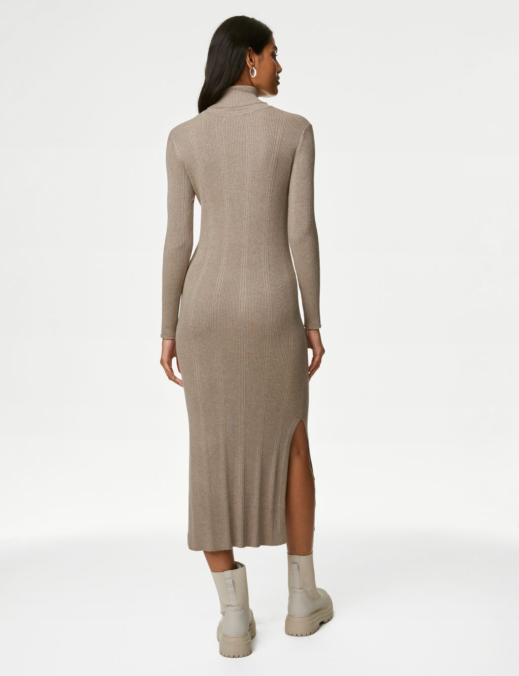 Knitted Ribbed Roll Neck Midi Dress image 4