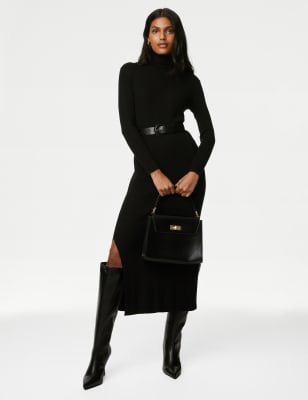 

Womens M&S Collection Geripptes Midistrickkleid mit Rollkragen - Black, Black