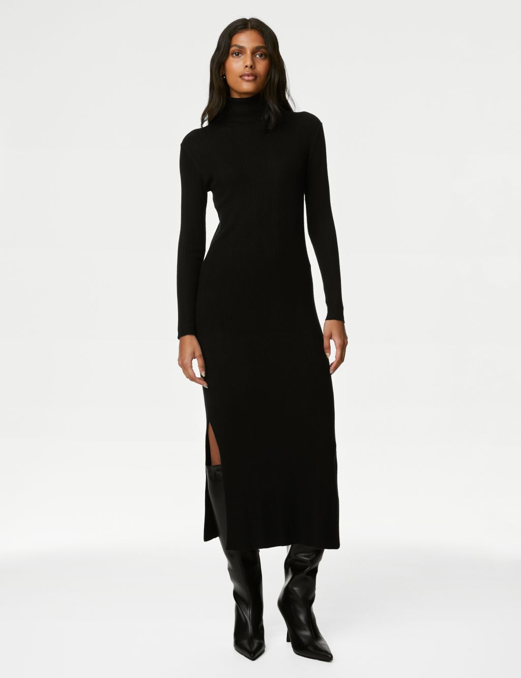 Knitted Ribbed Roll Neck Midi Dress image 4