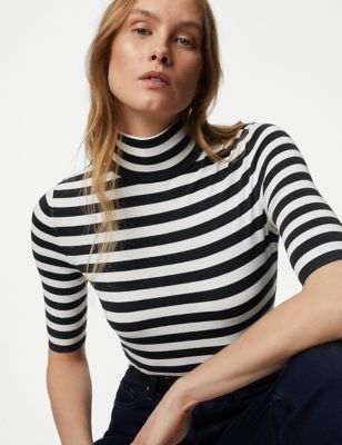 Striped Roll Neck Fitted Knitted Top