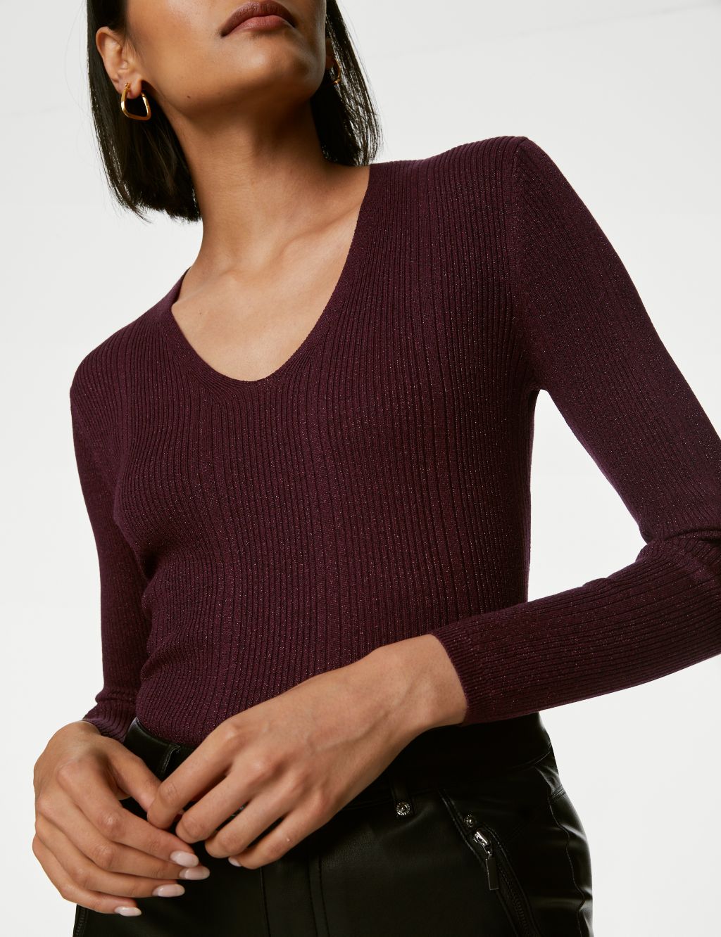 Sparkly Ribbed V-Neck Knitted Top image 3