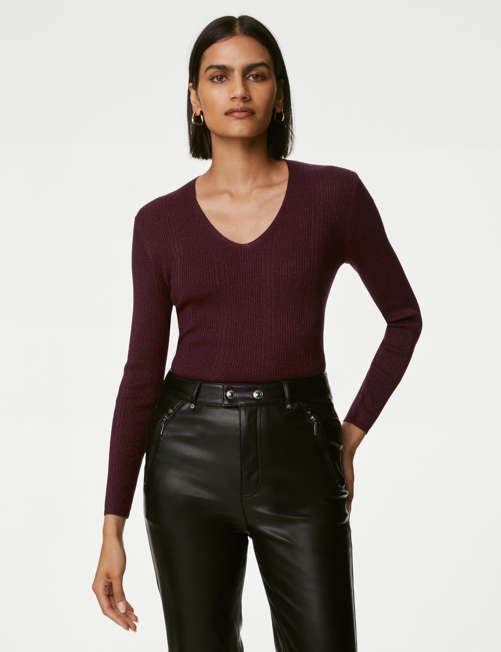 Sparkly Ribbed V-Neck Knitted Top image 4