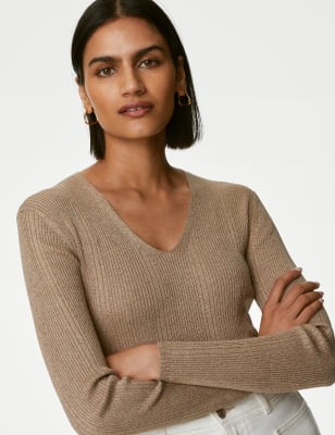 

Womens M&S Collection Sparkly Ribbed V-Neck Knitted Top - Mocha, Mocha