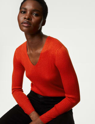 

Womens M&S Collection Sparkly Ribbed V-Neck Knitted Top - Poppy, Poppy