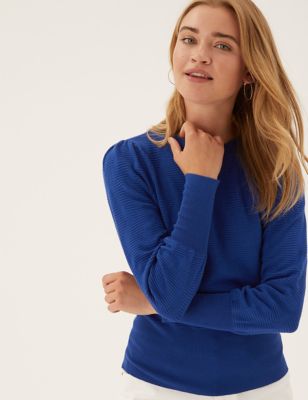 Marks And Spencer Womens M&S Collection Textured Crew Neck Blouson Sleeve Jumper - Dark Blue