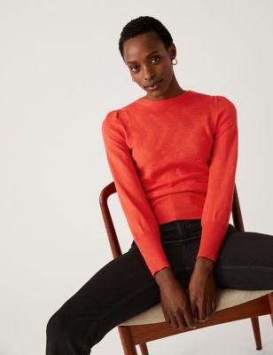 

Womens M&S Collection Textured Crew Neck Blouson Sleeve Jumper - Flame, Flame