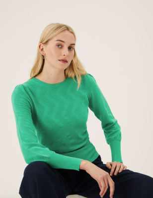 

Womens M&S Collection Textured Crew Neck Blouson Sleeve Jumper - Green, Green