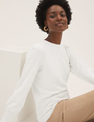 Marks And Spencer Womens M&S Collection Textured Crew Neck Blouson Sleeve Jumper - Light Cream, Light Cream