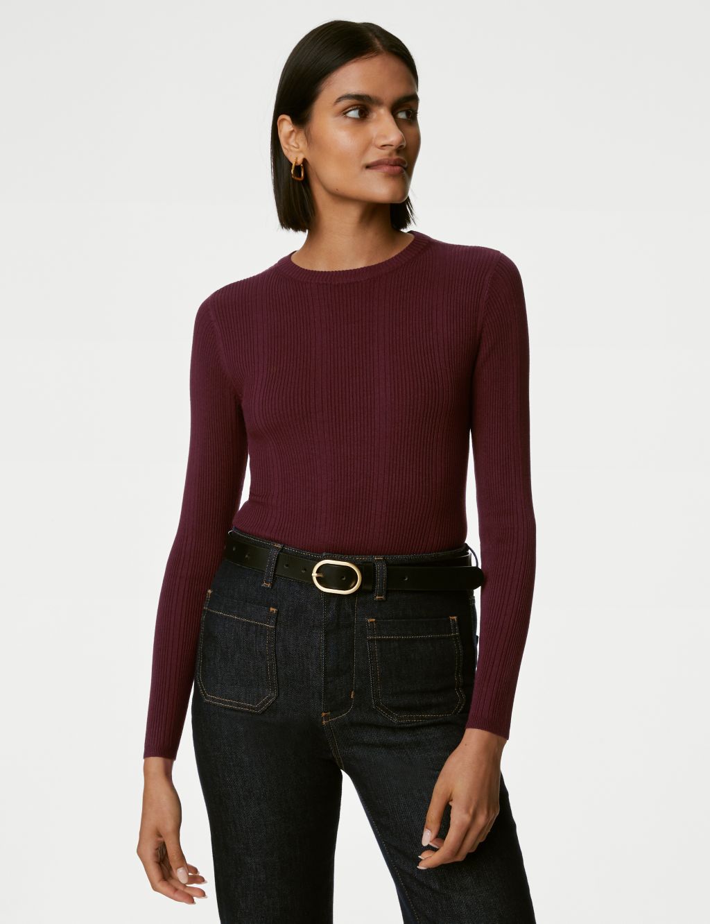 Ribbed Crew Neck Fitted Knitted Top image 4