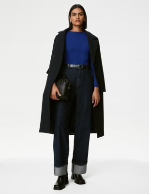 

Womens M&S Collection Tailliertes, auf Figur geschnittenes Rippenstrickoberteil mit Rundhalsausschnitt - Dark Blue, Dark Blue