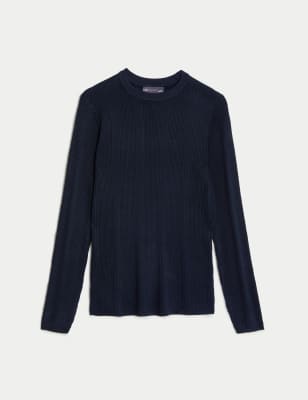 

Womens M&S Collection Ribbed Crew Neck Fitted Knitted Top - Midnight Navy, Midnight Navy