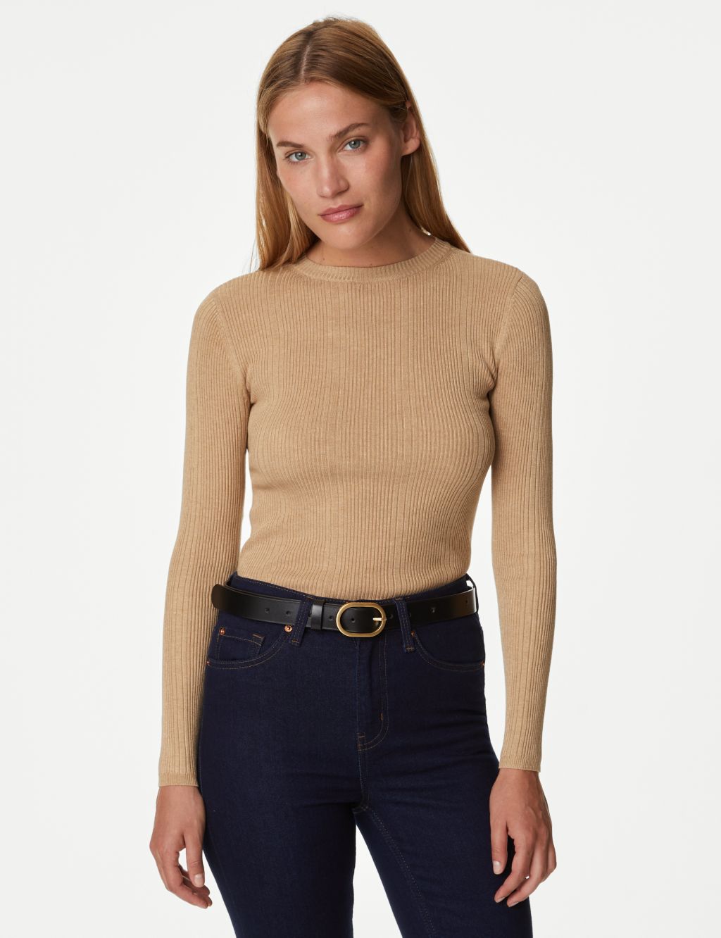 Ribbed Crew Neck Fitted Knitted Top image 3