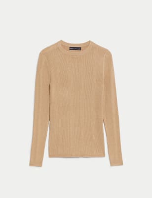 Ribbed Crew Neck Fitted Knitted Top