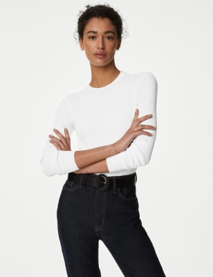 

Womens M&S Collection Tailliertes, auf Figur geschnittenes Rippenstrickoberteil mit Rundhalsausschnitt - Soft White, Soft White
