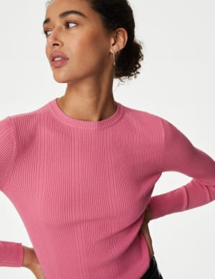 

Womens M&S Collection Ribbed Crew Neck Fitted Knitted Top - Bright Rose, Bright Rose