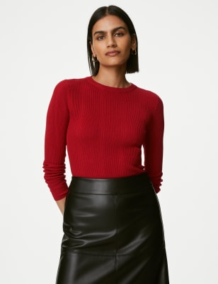 

Womens M&S Collection Tailliertes, auf Figur geschnittenes Rippenstrickoberteil mit Rundhalsausschnitt - Lipstick, Lipstick