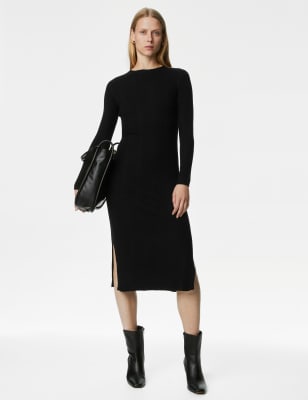 

M&S Collection Vestido a media pierna con cuello redondo acanalado de puntoWomens - Black, Black