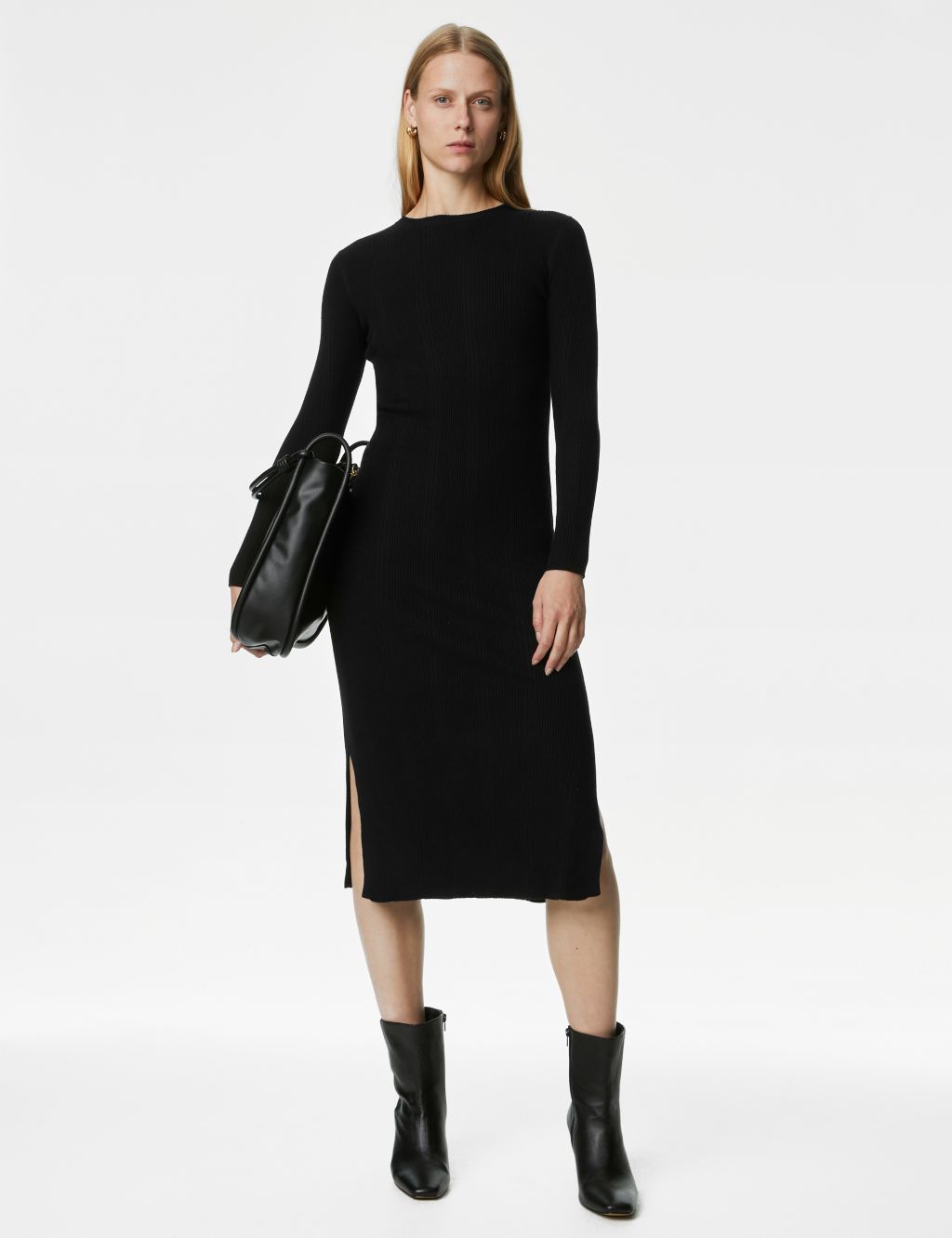 Knitted Ribbed Crew Neck Midi Dress image 1