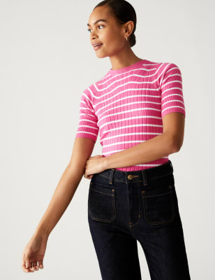 

Womens M&S Collection Striped Crew Neck Knitted Top - Pink Mix, Pink Mix