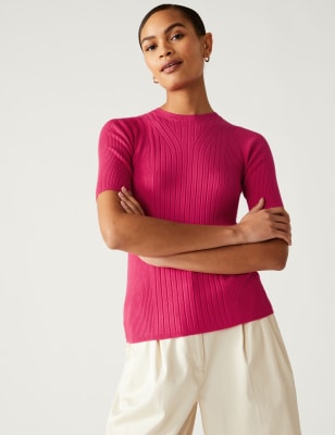 

M&S Collection Top de punto acanalado de escote cerradoWomens - Bright Pink, Bright Pink