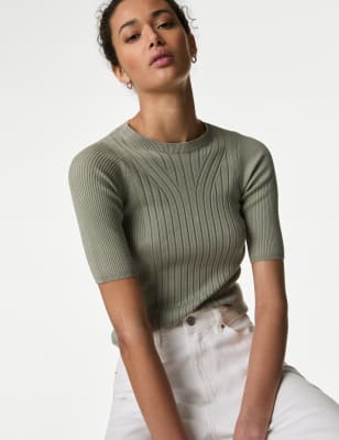 Ribbed Crew Neck Fitted Knitted Top, M&S Collection