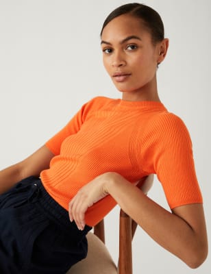

Womens M&S Collection Ribbed Crew Neck Knitted Top - Tangerine, Tangerine